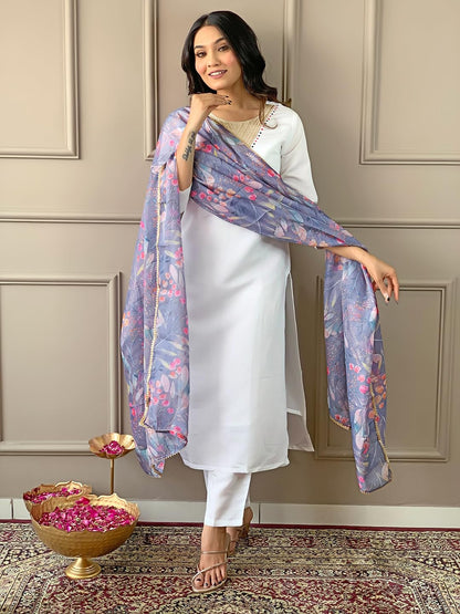 Naixa WomenS Offwhite Rayon Blend Embroidered A-Line Kurta With Rayon Blend Pant And Organza Printed Dupatta Sets (Nx-503-Grey-