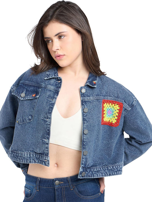 Bewakoof Womens Embroidered Oversized Fit Full Sleeve Collar Pure Cotton Crop Jacket_684819_Blue_2XL