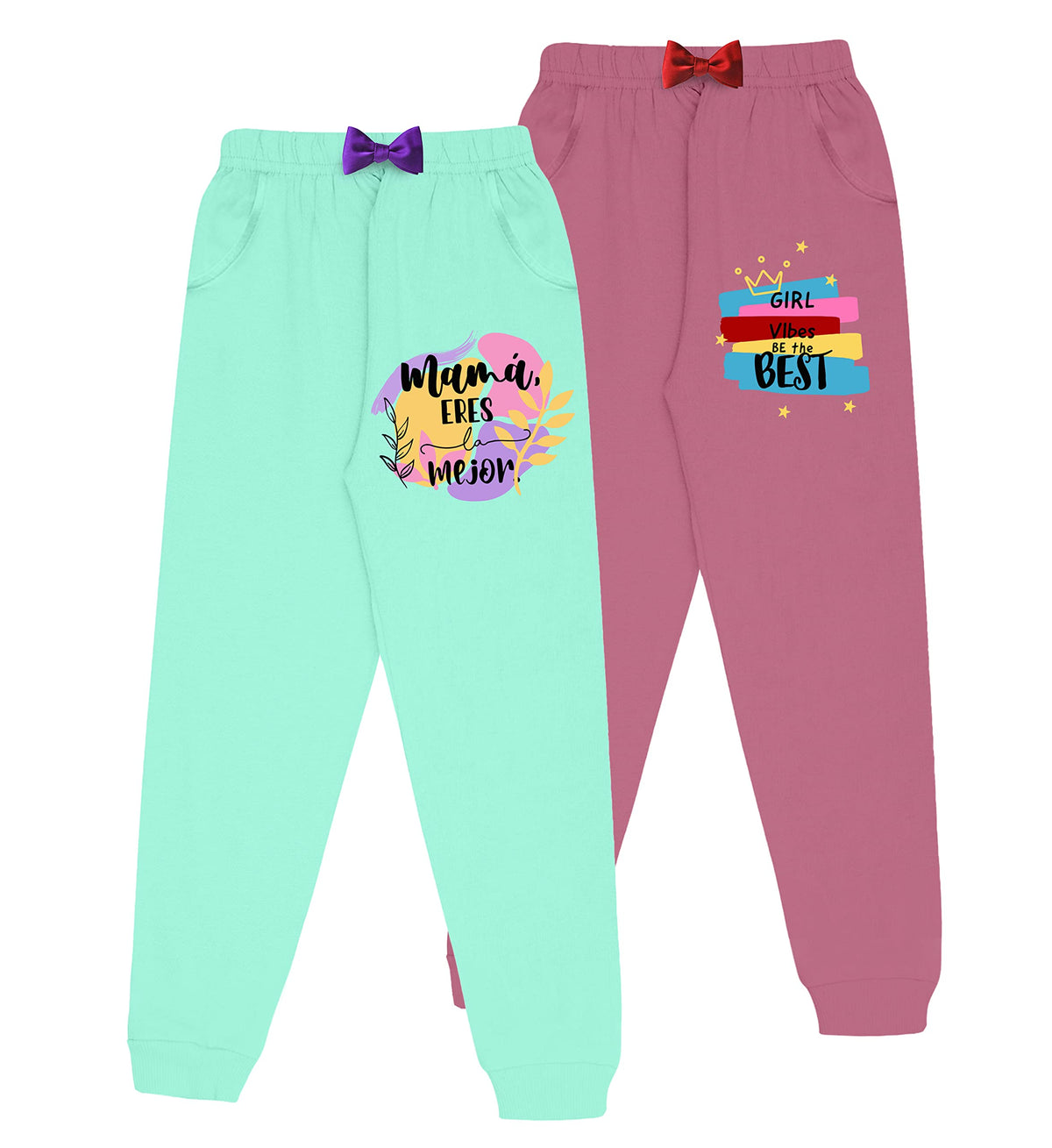 Kyda Kids Girls Cotton Printed Track Pants With Pocket (Pack Of 2)