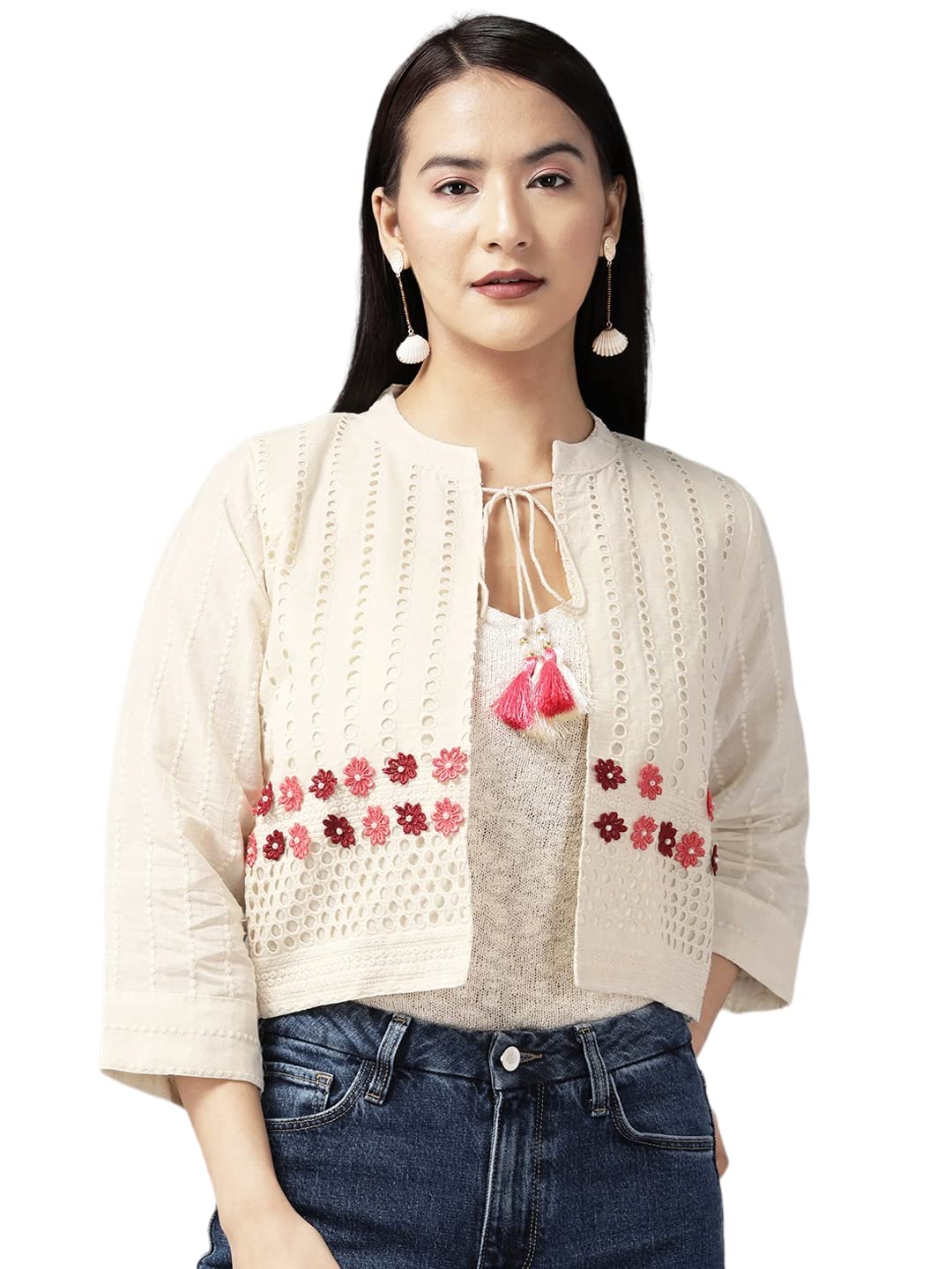 Aarika Women's Cotton V-Neck Classic Shrug Sweater (JK-W-AK-510_Cream