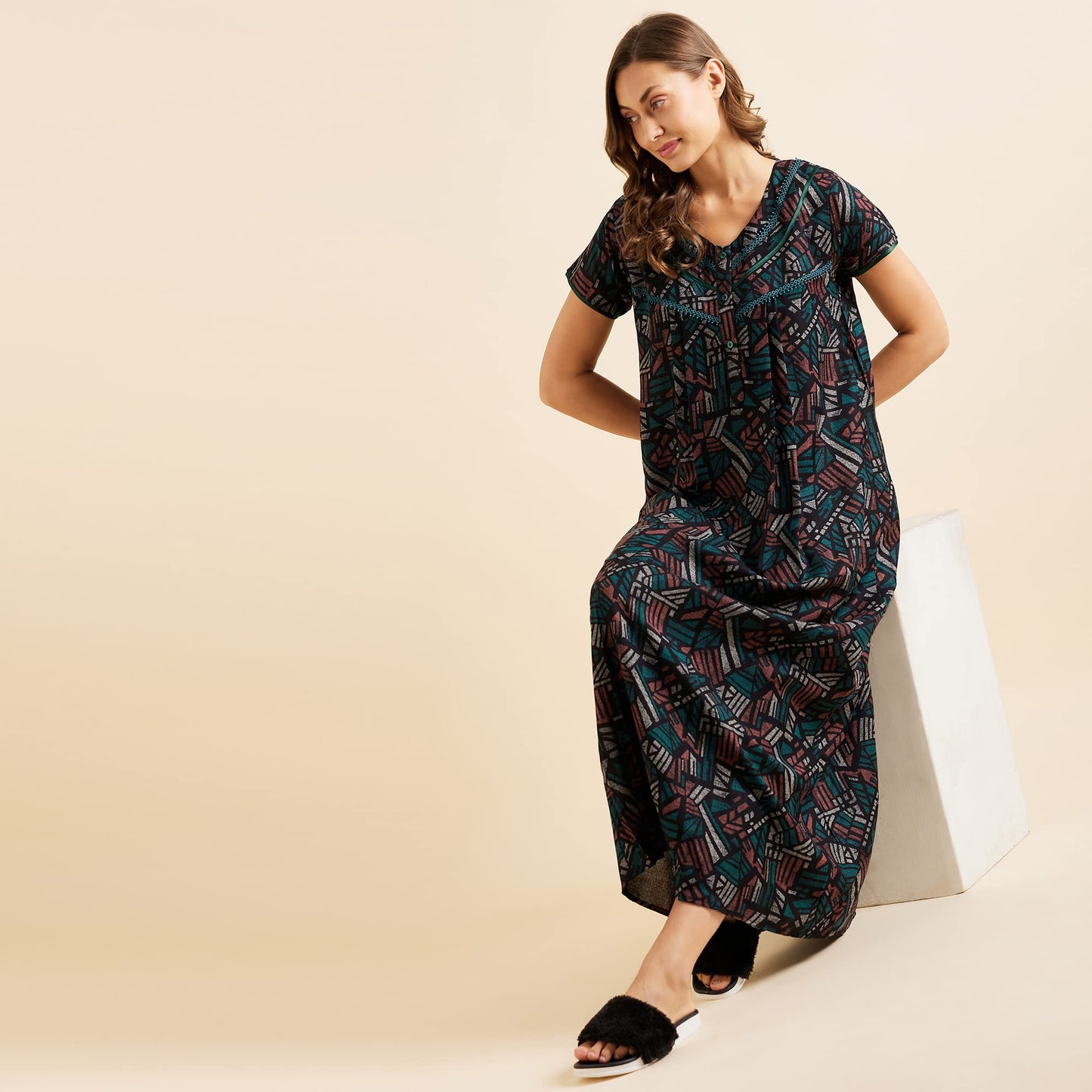 Sweet Dreams Women Printed Half Sleeves Maxi Nightgown