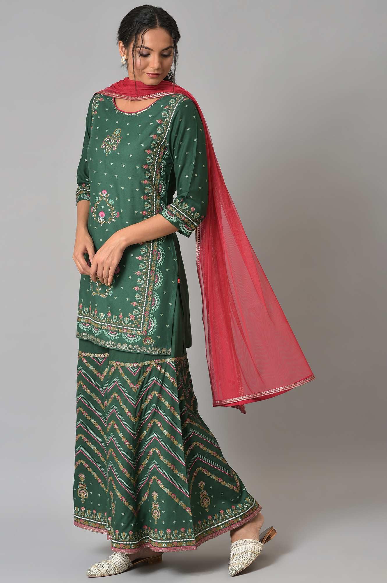 W WomenS Dark Green Floral Printed Kurta Dupatta Bottomwear With Sequins