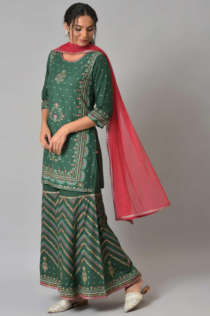 W WomenS Dark Green Floral Printed Kurta Dupatta Bottomwear With Sequins