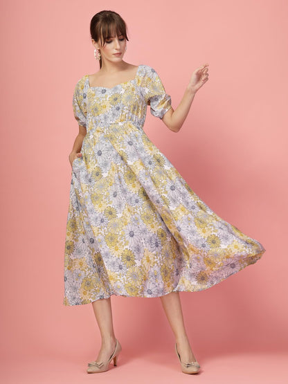 Oomph! Flared Dress For Women Stylish | Long One Piece For Women | Puff Sleeve Long Dress | Floral Print Maxi One Piece | Wester