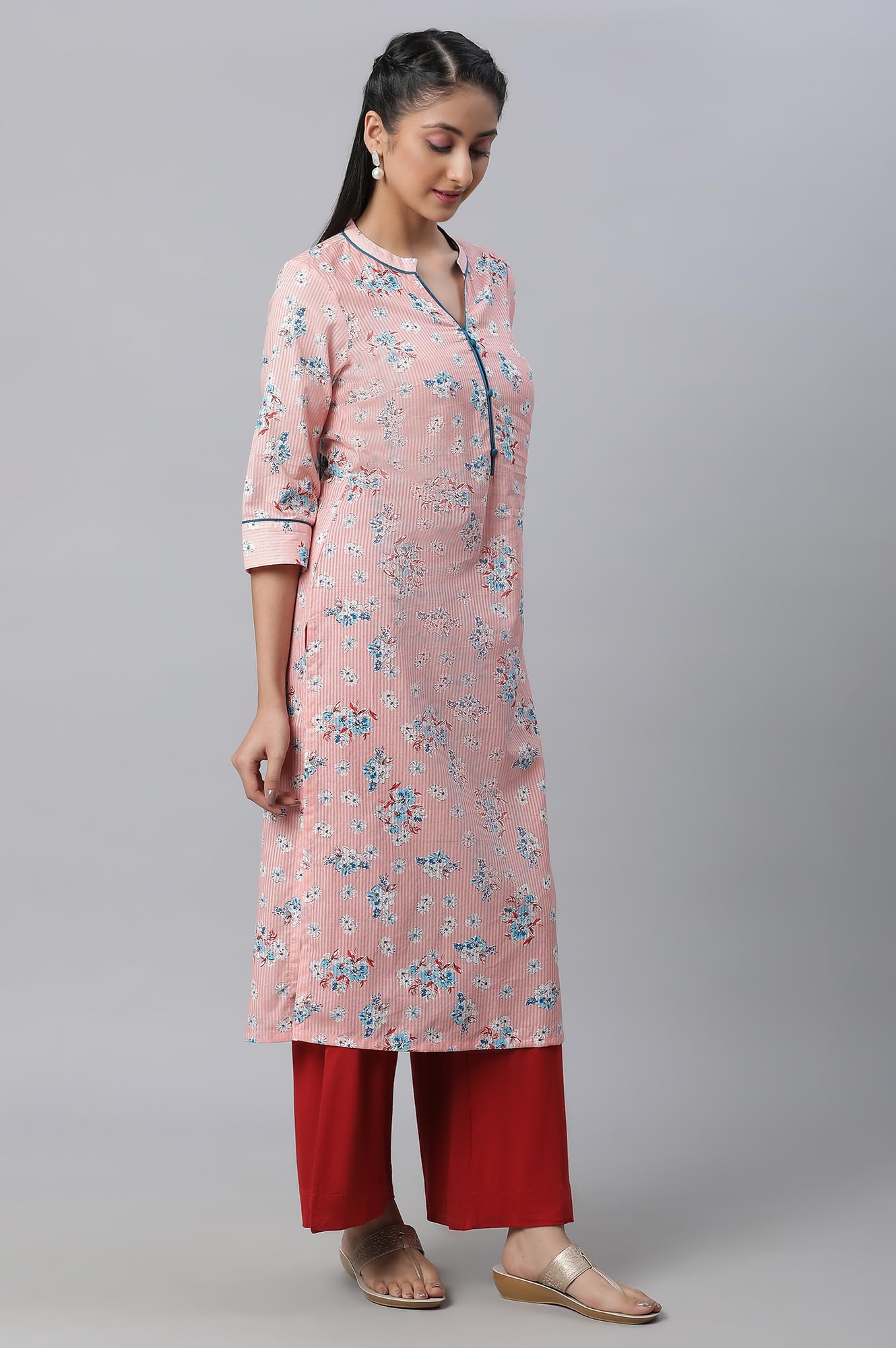 Aurelia Peach Floral Printed Printed Cotton Straight Long Kurta