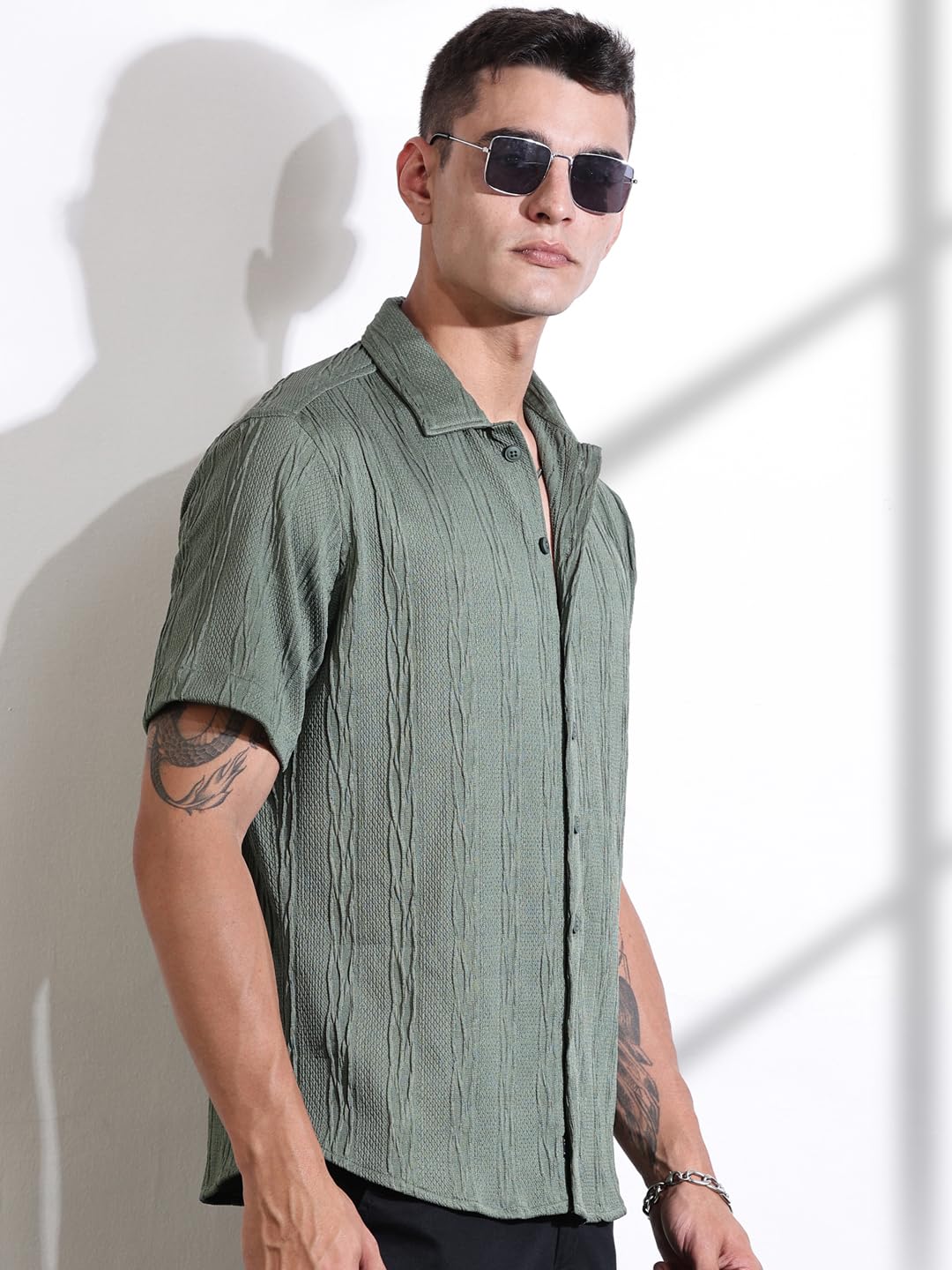 Thomas Scott Mens Solid Oversized Fit Shirt (TS1691_Green