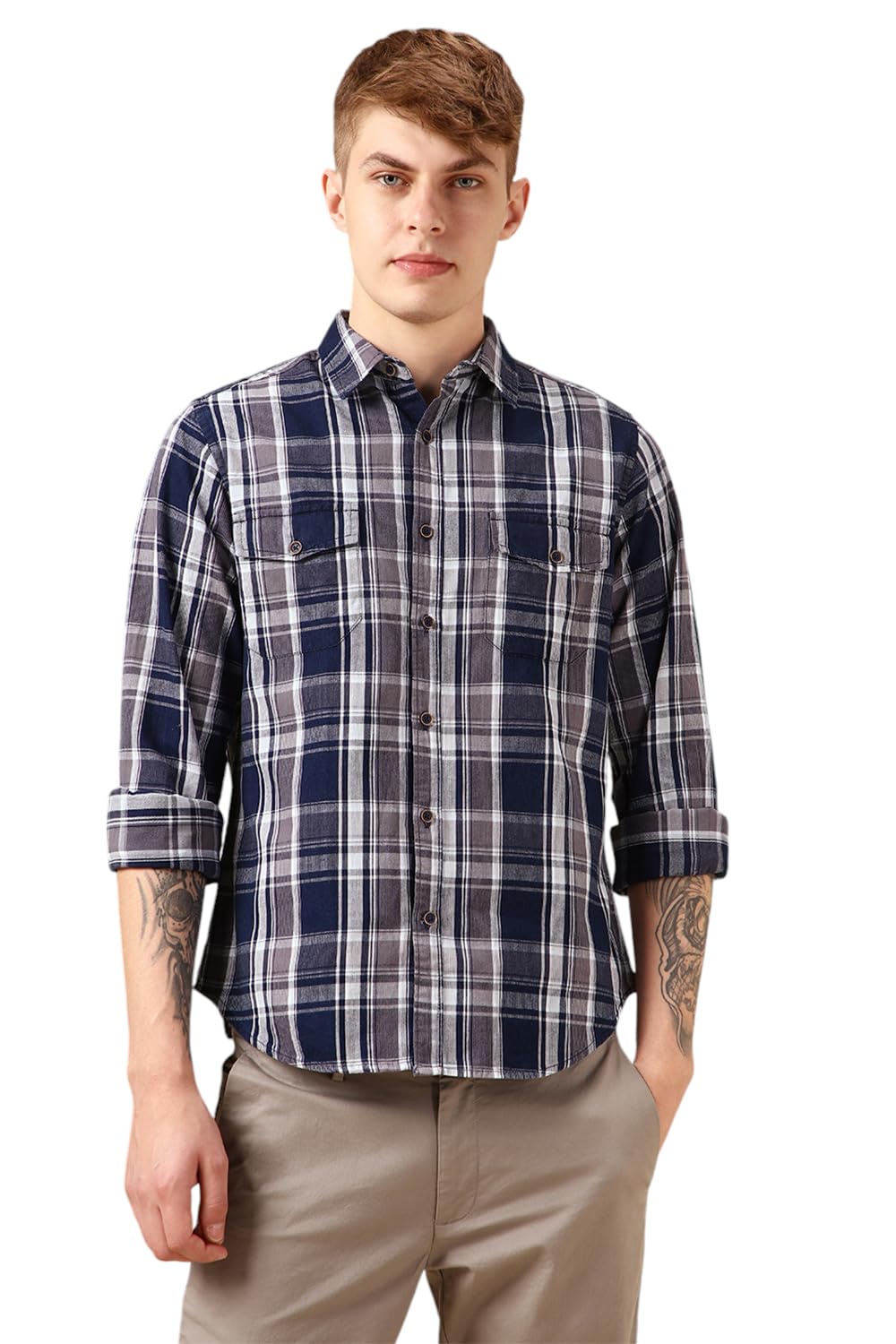 Dennis Lingo Men Navy Blue 100% Cotton Full Sleeve Spread Collar Checks Shirts_Dlmshjas24017_Nv