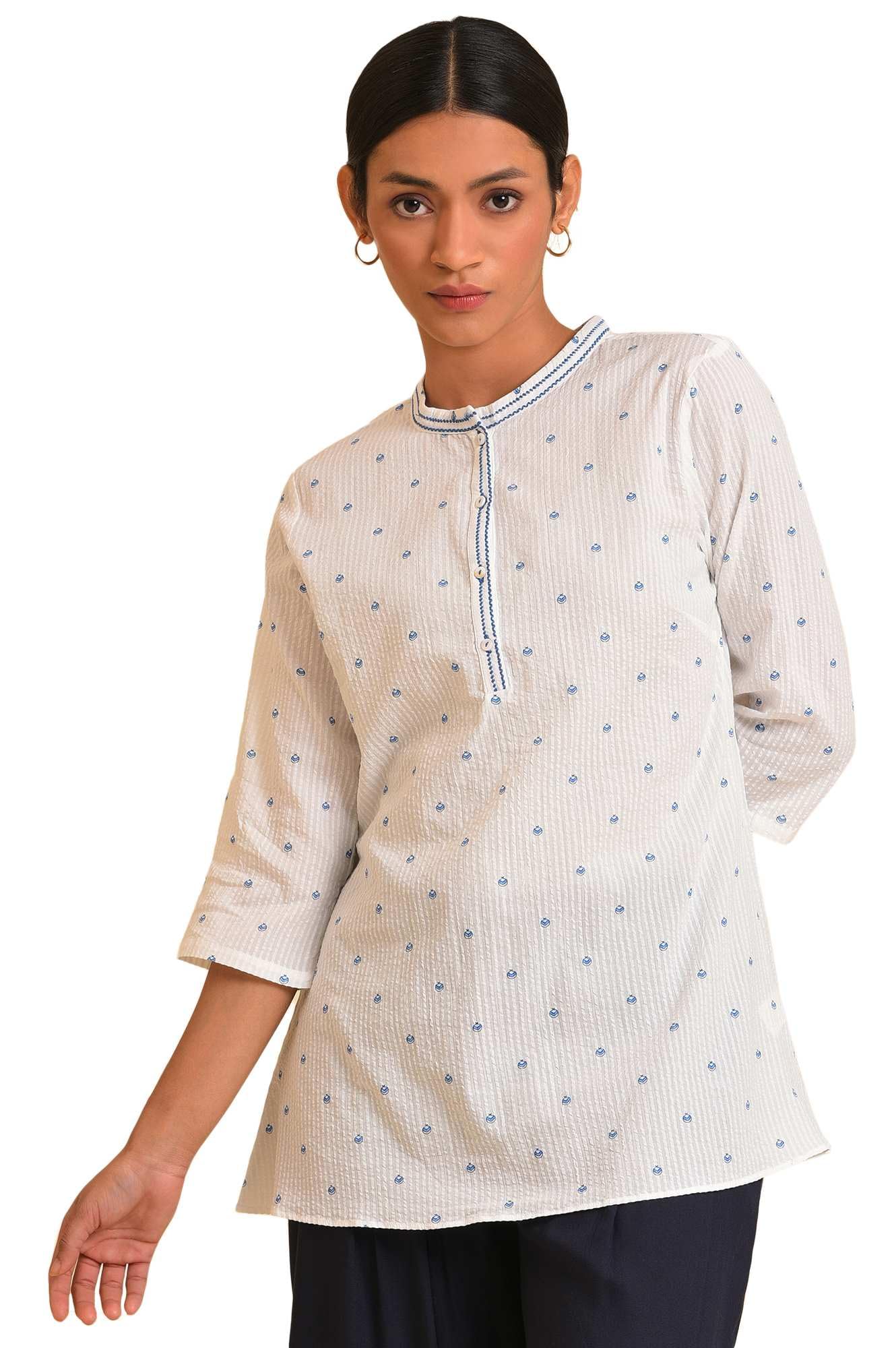 W Ecru Textured Cotton Tunic Top For Women