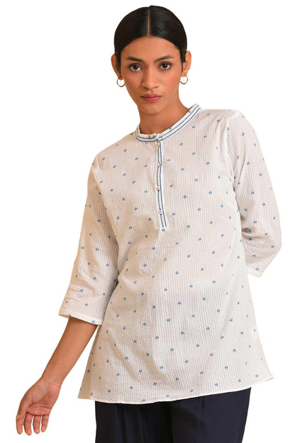 W Ecru Textured Cotton Tunic Top For Women
