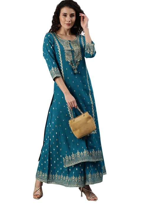 ishin Women's Pure Cotton A-Line Embroidered Sequinned Colourblocked print Blue Kurta suit set with Sharara
