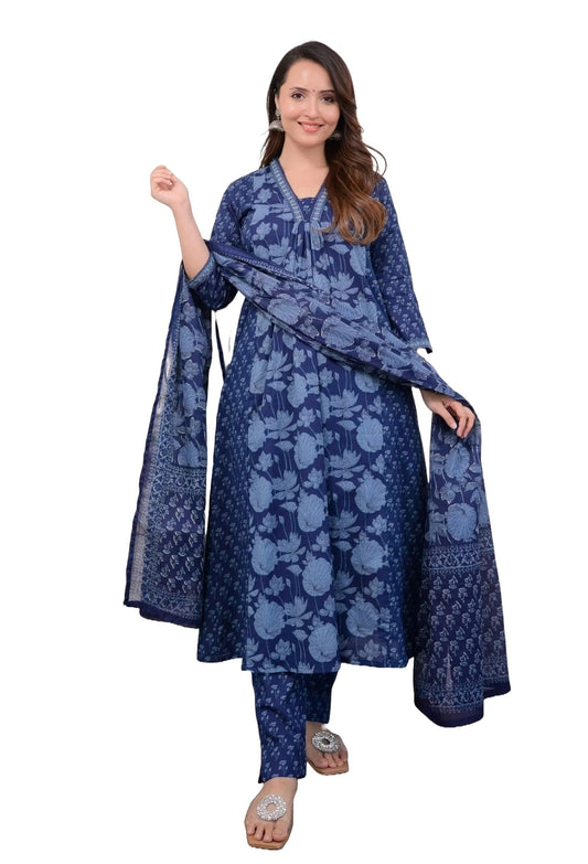 Nermosa Women Printed A-Line Kurta And Pant Set With Duppatta (Medium)