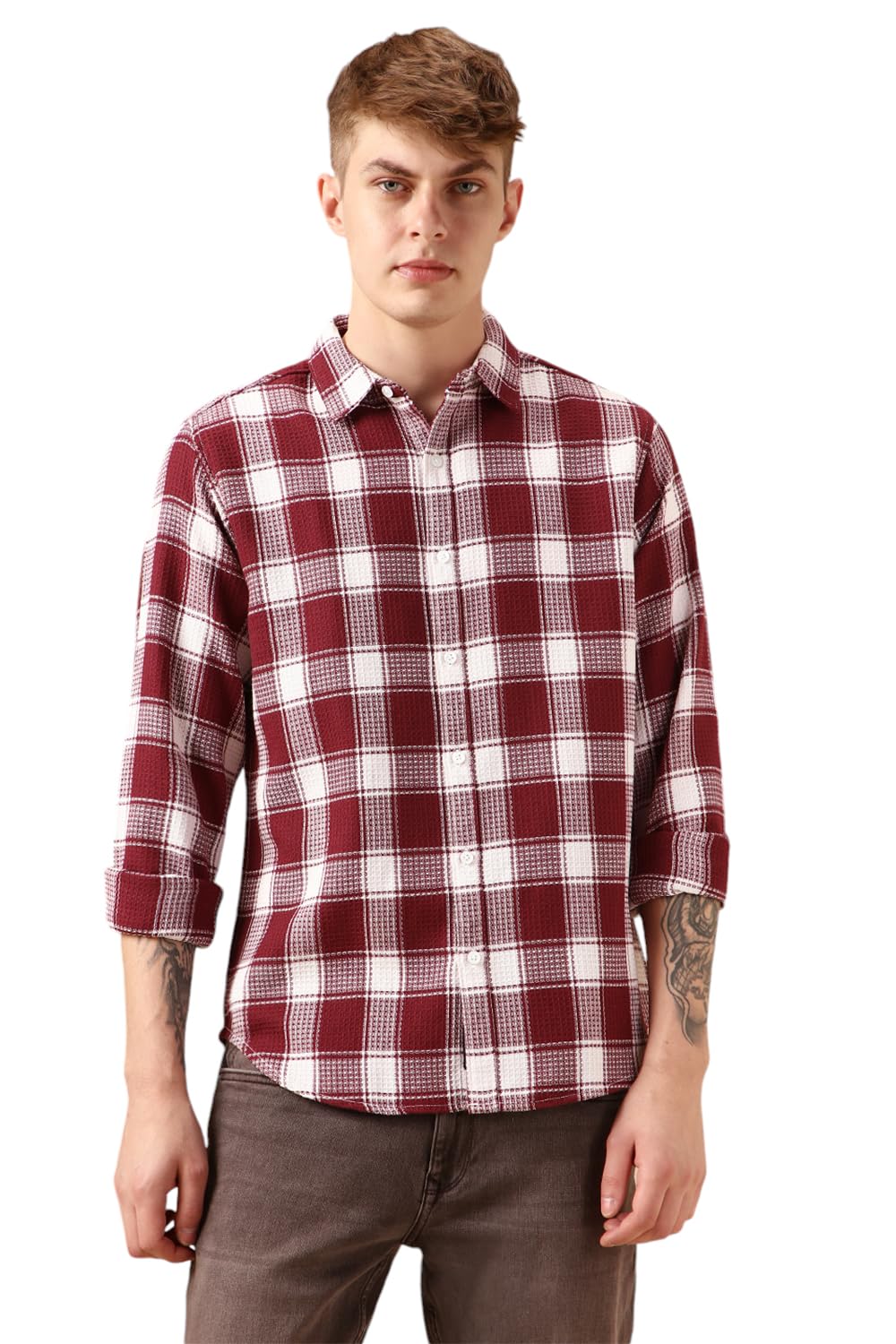 Dennis Lingo Men Red Cotton Poly Waffle Full Sleeve Spread Collar Checks Shirts