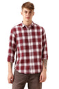 Dennis Lingo Men Red Cotton Poly Waffle Full Sleeve Spread Collar Checks Shirts
