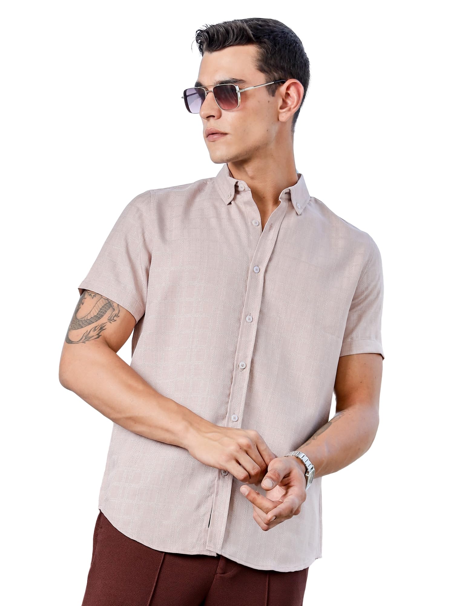Thomas Scott Mens | Self Designed | Short Sleeves | Solid | Button Down Collar | Slim Fit | Polyster Blend | Shirt | (TS1717_Pi