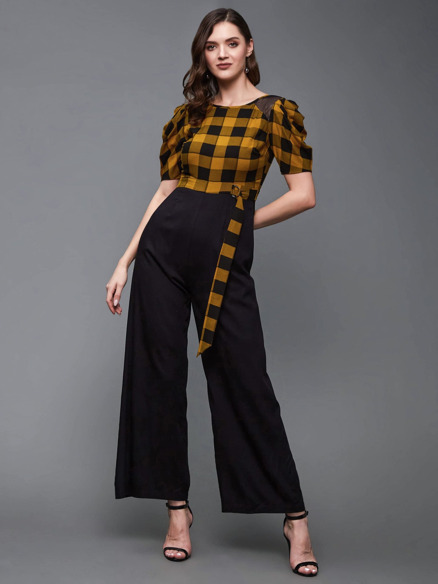 Miss Chase WomenS Black & Mustard Round Neck Cowl Sleeve Checkered Wide-Leg Viscose-Rayon Regular Length Jumpsuit (Mcss23D15-71