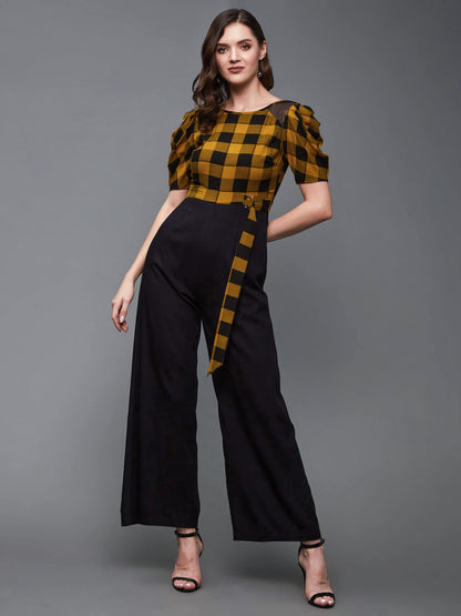 Miss Chase WomenS Black & Mustard Round Neck Cowl Sleeve Checkered Wide-Leg Viscose-Rayon Regular Length Jumpsuit (Mcss23D15-71