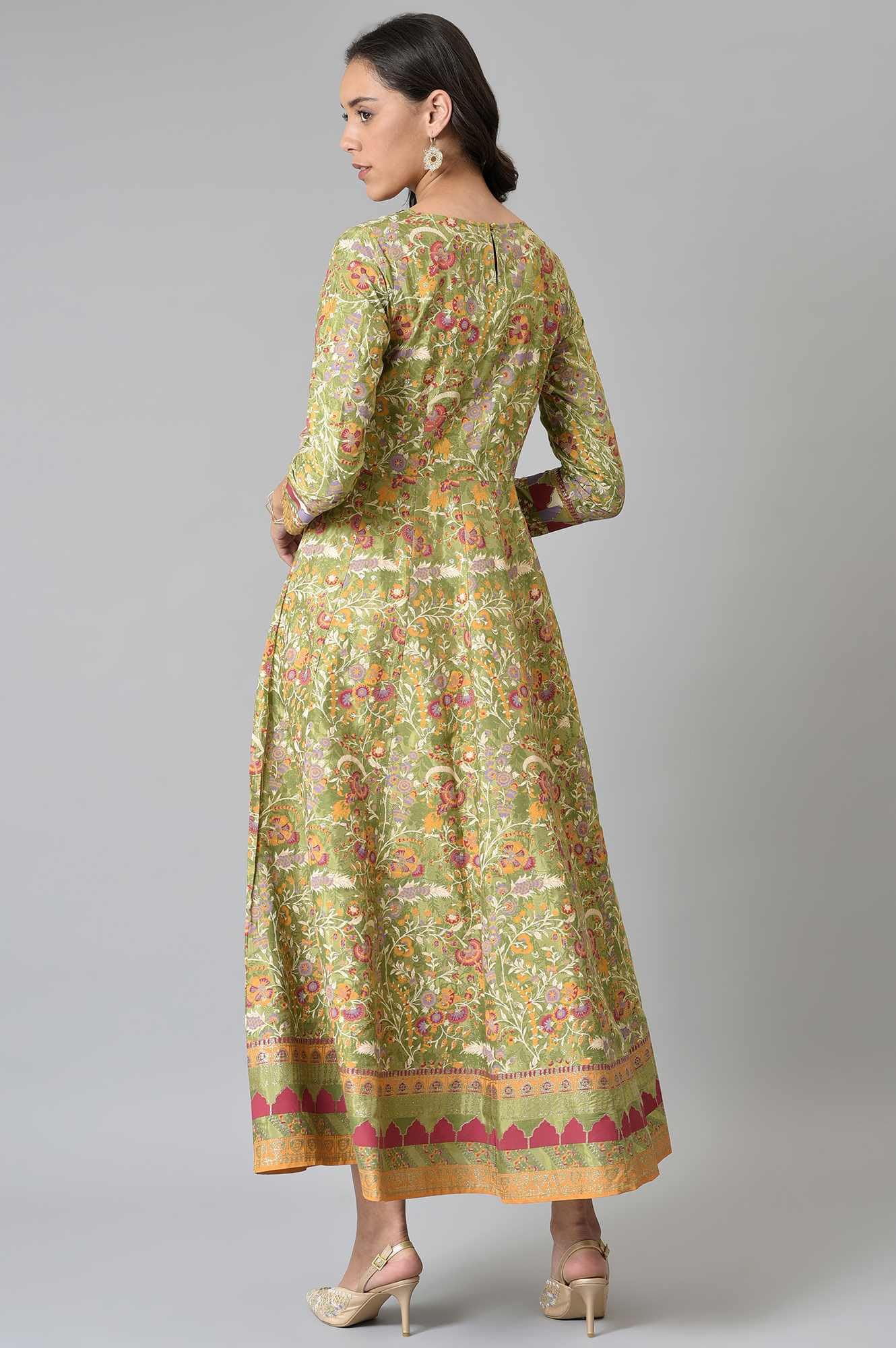 W Green Floral Printed Glitter Anarkali Kurta for Women