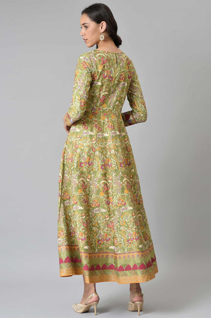 W Green Floral Printed Glitter Anarkali Kurta for Women