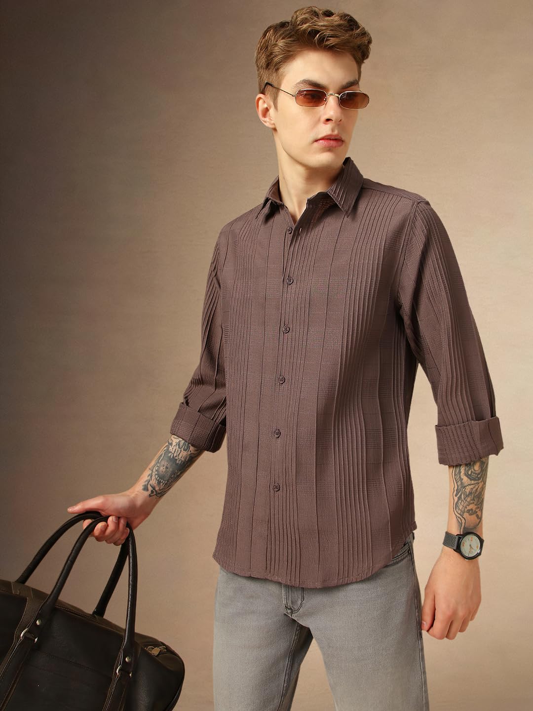 Dennis Lingo Men Relaxed Fit Polyester Full Sleeves Solid Textured Casual Shirts Brown