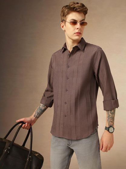 Dennis Lingo Men Relaxed Fit Polyester Full Sleeves Solid Textured Casual Shirts Brown