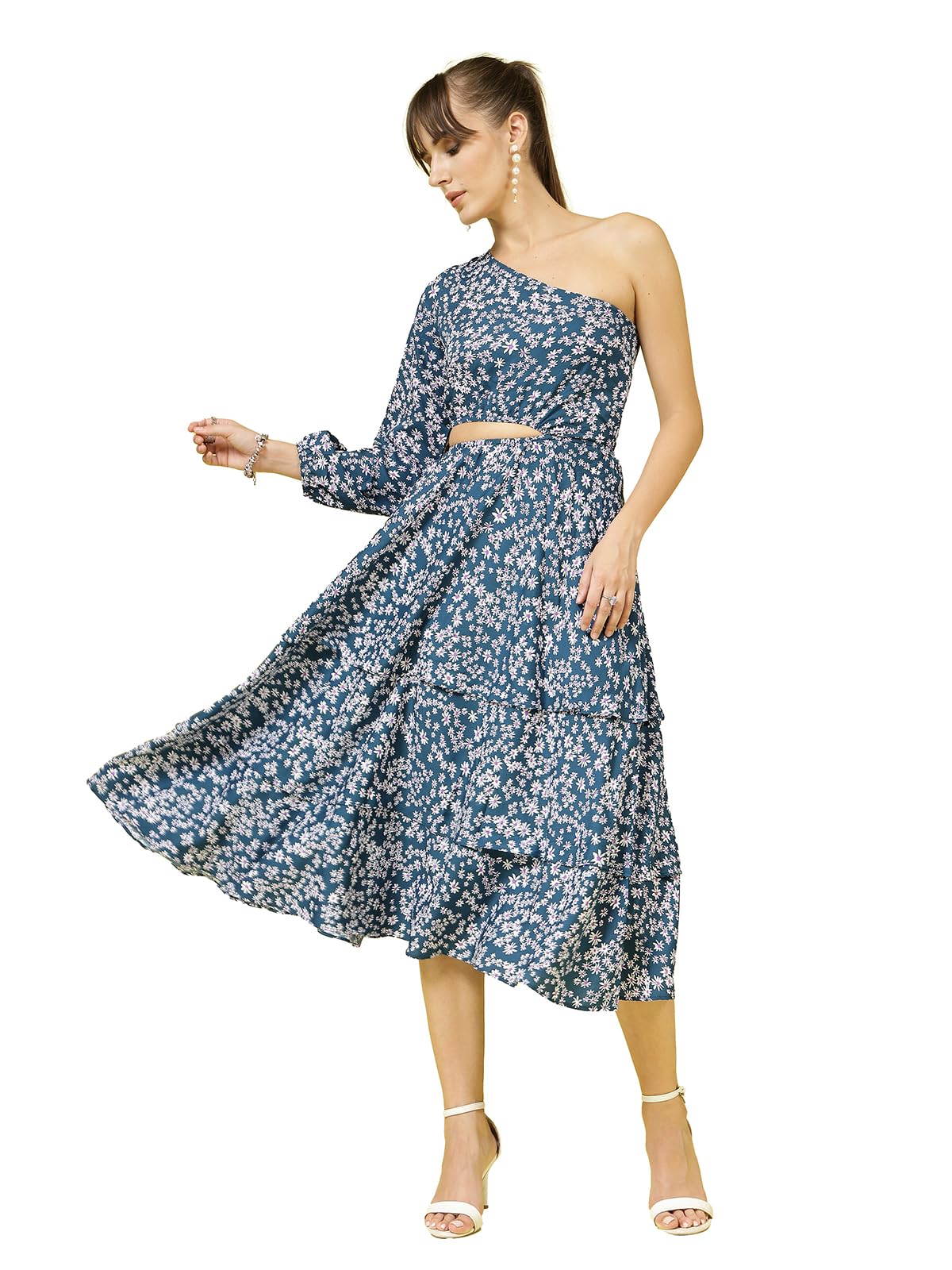 Oomph! WomenS Western & Fusion Wear Printed Crepe Dress For Women, One Shoulder, Blue - Md1066