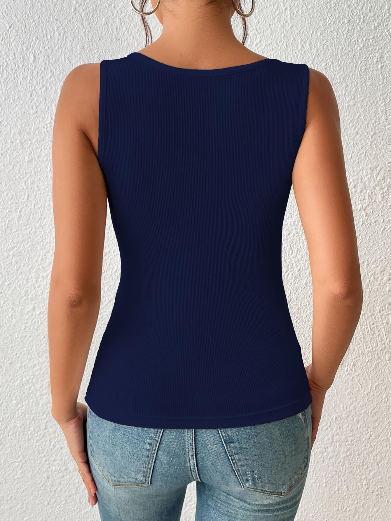 Sugathari Womens Navy Blue Cut Out Asymmetrical Neck Rib Knit Jeans Korean Trendy Tank Western Tops for Women Stylish (T-Shirt