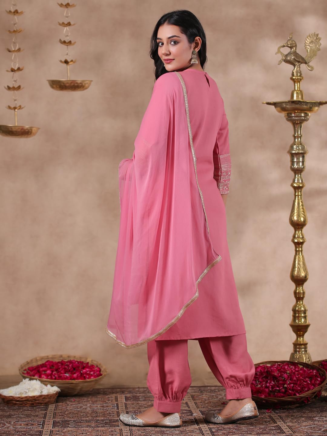 anubhutee Women's Coral Solid Cotton Blend Straight Kurta with Salwar & Dupatta