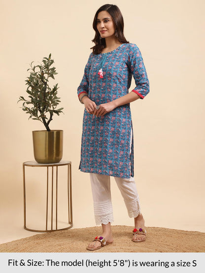 rangita Blue Cotton Printed Straight Kurta with Pant | Kurta Set for Women