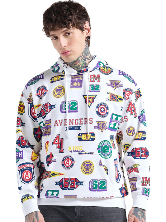 Bewakoof Heavy Duty 1.0 Official Marvel Merchandise Avengers Mens All Over Printed Oversized Fit Full Sleeve Cotton Blend Hoodi