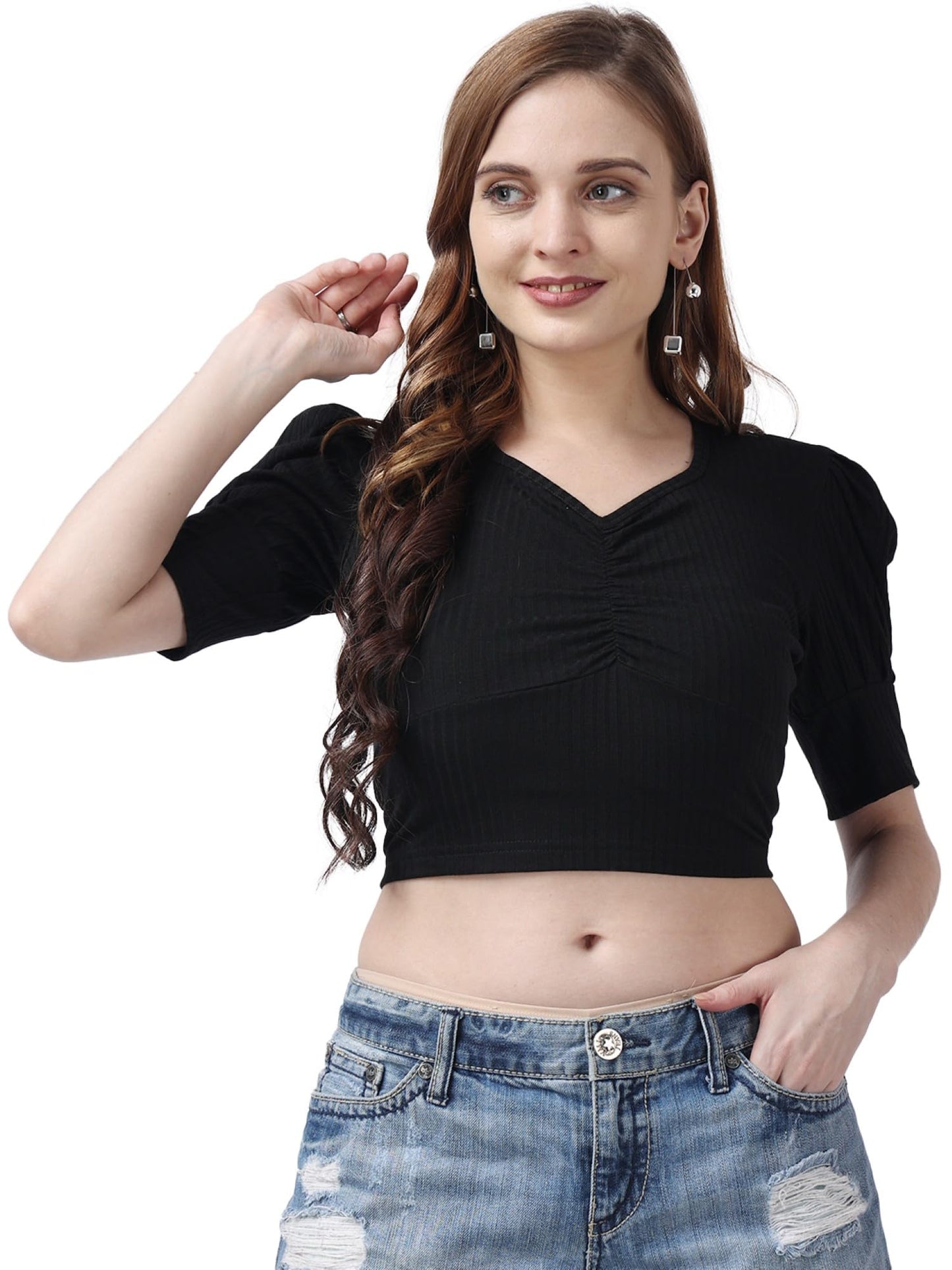 POPWINGS Casual Puff-Sleeves Ribbed Crop Top for Women || Sweet Heart Neck Summer Crop Top for Women || Crop Tops for Women Late