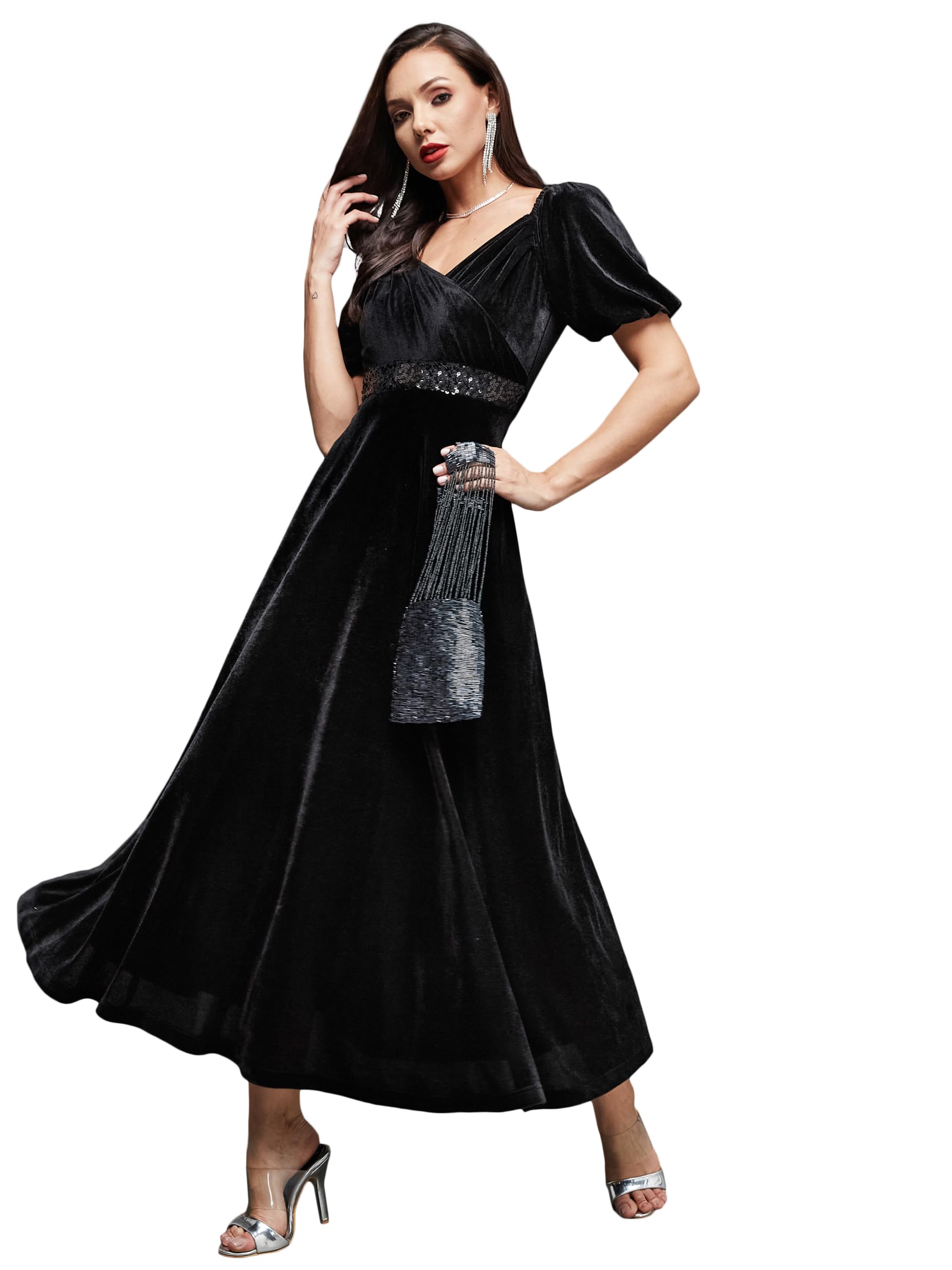 Miss Chase WomenS Sweetheart Neck Half Sleeve Fit & Flare Midi Dress (Mcaw25D84-68-365-05, Obsidian Black, L)