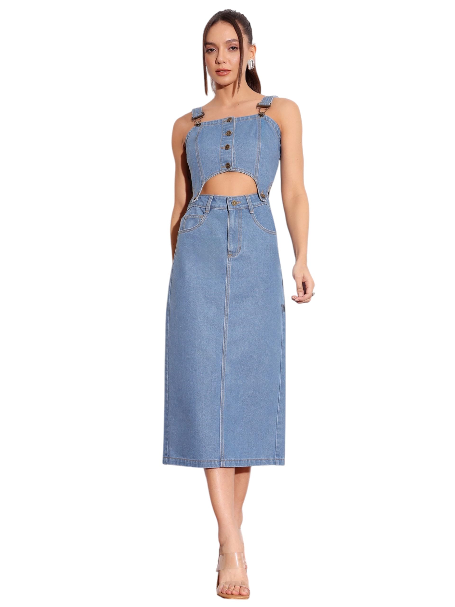 Miss Chase Womens Square Neck Sleeveless Solid Pinafore Detachable Midi Denim Co-Ord Set (MCAW24DEN04-58-115-03, Blue, S)