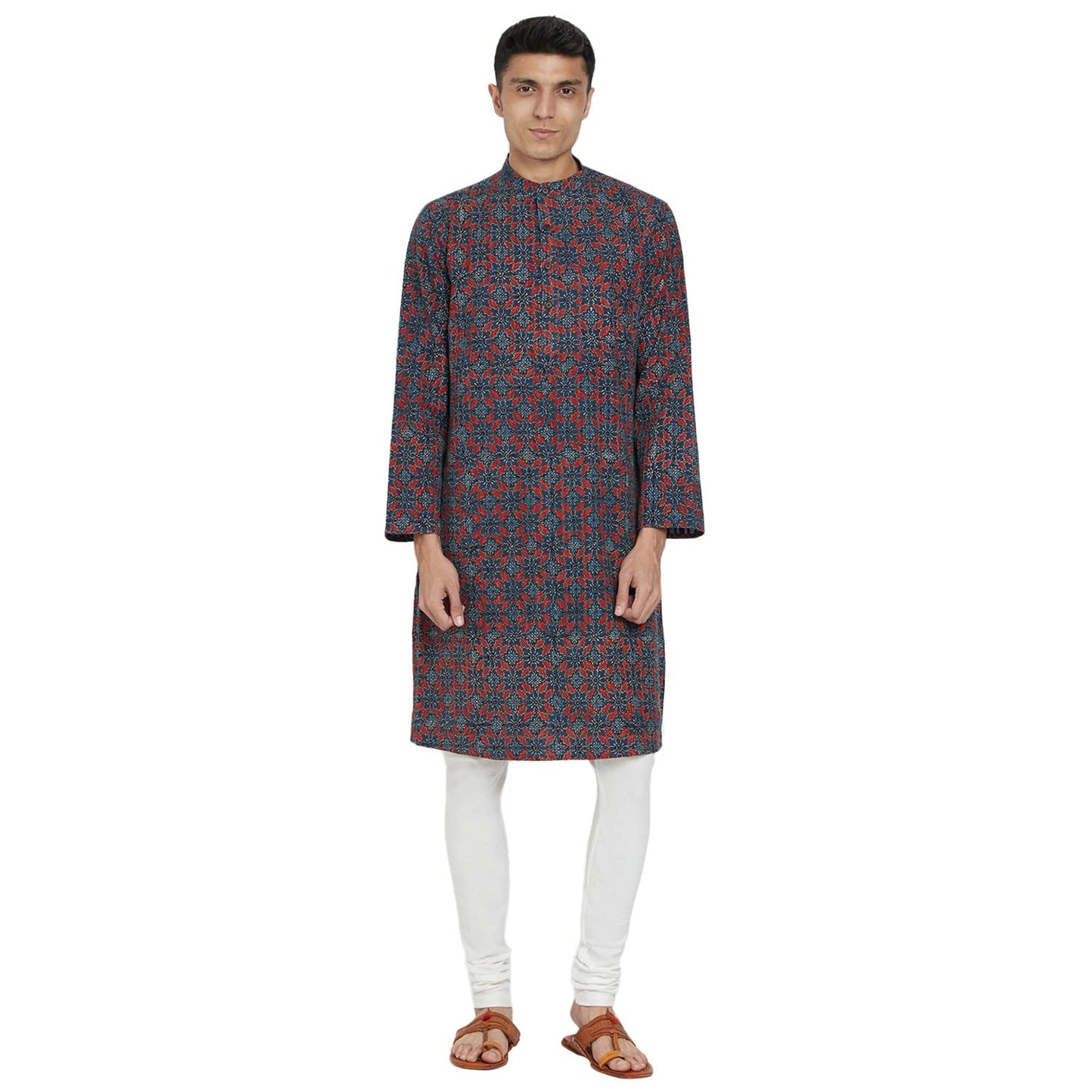 Fabindia Men Cotton Batik Printed Long Kurta Indigo_S