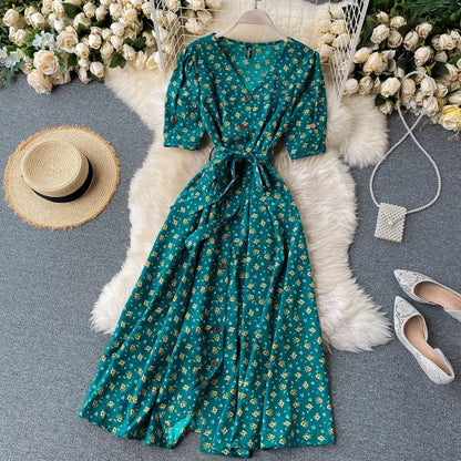 Gufrina Dresses For Women Half Sleeve || Floral Print || V-Neck And Puff Sleeves || Front Open Button & Tie-Up || Midi Dress (Gr