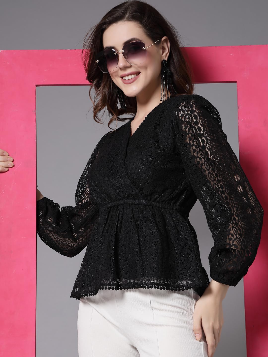 Style Quotient Women Black Lace Caual Top