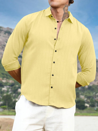 Finivo Fashion MenS Striped Cotton Casual Button Down Shirts Long Sleeve Textured Summer Beach Shirt For Men Yellow