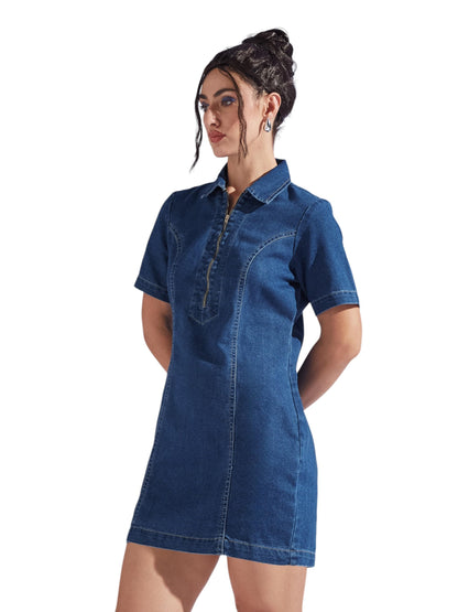 Miss Chase Womens Collared Half Sleeve Princess Seam Sheath Mini Dress (MCSS25DEN66-63-57-06, Dark Blue, XL)