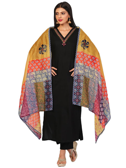 Gosriki WomenS Cotton Blend Embroidered Straight Kurta With Pant & Dupatta (Fronx Black-Nw-Gs_L_Black_Large)