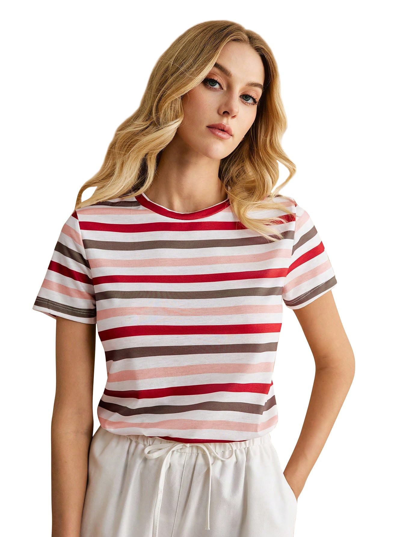 Toochki Tops for Woman | Spandex Top | T-Shirt | Tshirt | Western | for Jeans | Short Sleeve | Stretchable | Striped Printed Red