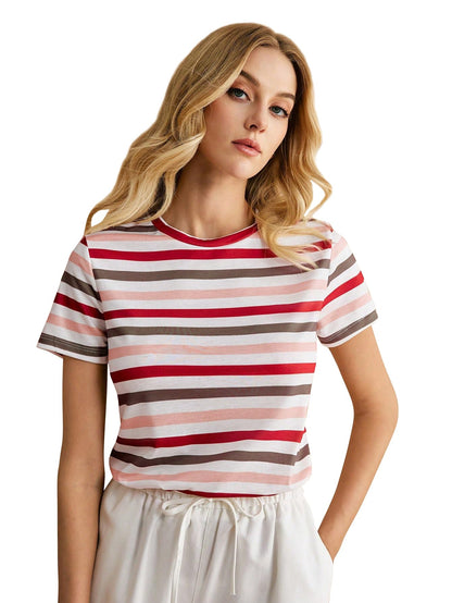 Toochki Tops for Woman | Spandex Top | T-Shirt | Tshirt | Western | for Jeans | Short Sleeve | Stretchable | Striped Printed Red