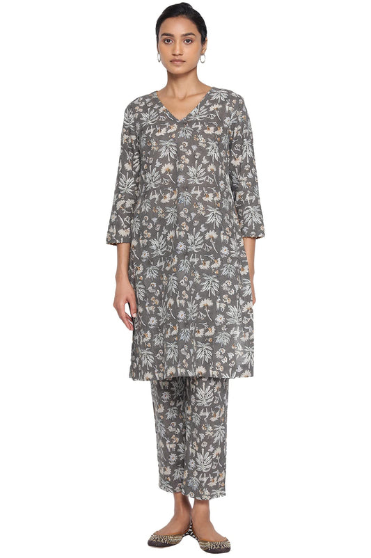 W for Woman Cotton Women Dark Handblock Print Slub Regular Kurta