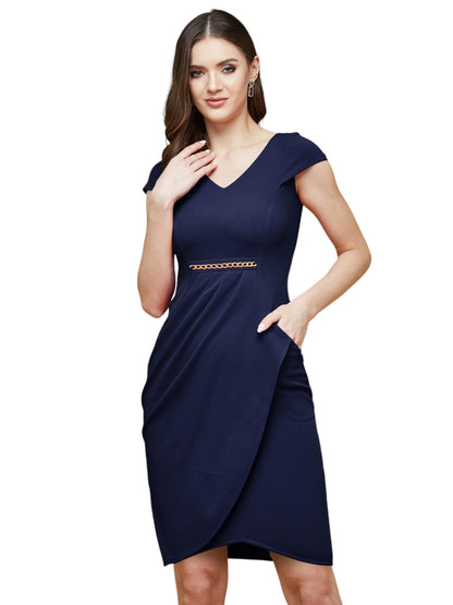 Miss Chase Womens V-Neck Cap Sleeve Dress (MCSS22D16-20-71-04, Navy Blue, M)