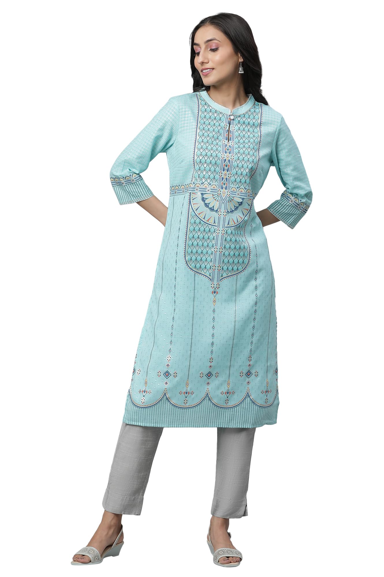 Aurelia Women Green Geometric Printed Polyester Straight Kurta