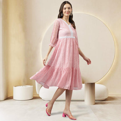 Toochki WomenS Baby Pink Russle Net Floral Tiered Western Dress | Dress For Women | A Line Dress | Winter Dress | Western Dress