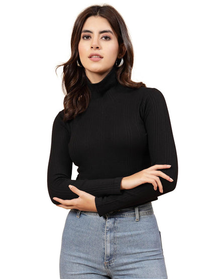 Rigo Cotton Ribbed Full Sleeves Top for Women | High Neck, Stylish Top for Women