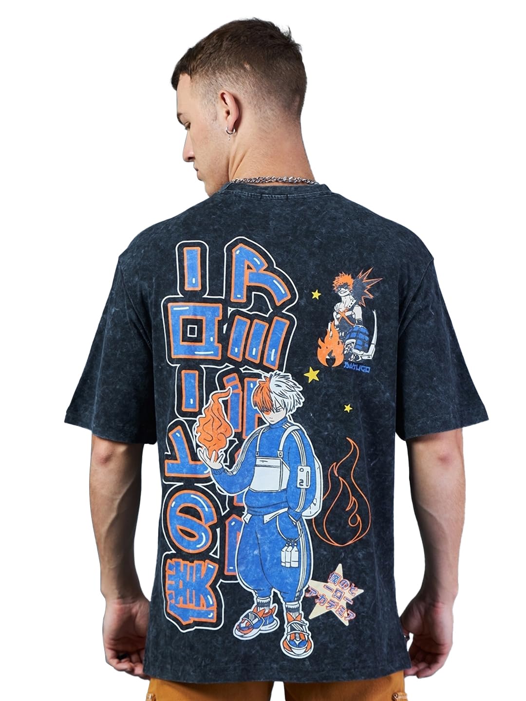 Bewakoof Mens All Over Printed Oversized Fit Half Sleeve Round Neck Cotton Jersey T-Shirt 616650 Black_M