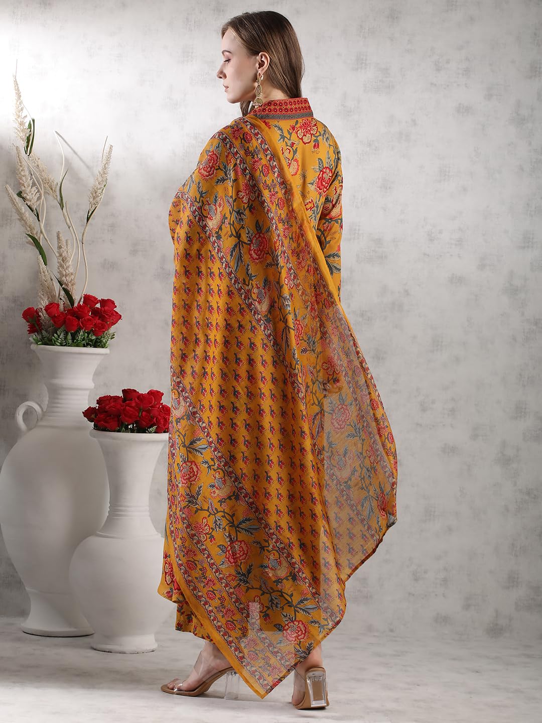 Gosriki WomenS Rayon Blend Anarkali Printed Kurta With Palazzo & Dupatta (Cia Yellow-Vks05-Gs_5Xl_Yellow_Xxxxx-Large)