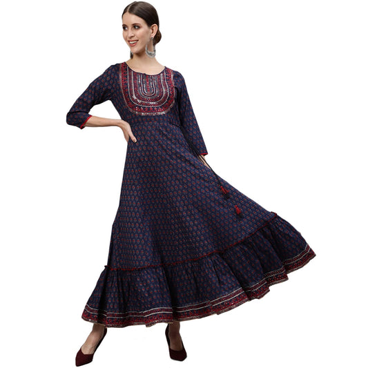 ishin Women's Cotton Anarkali Embellished Kurta