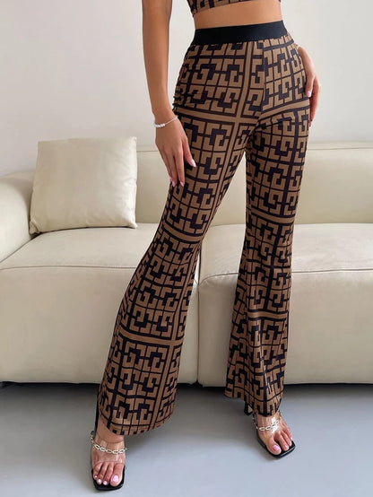 AVANOVA Womens & Girls Brown Geo Print Dress Pants Stretchy Work Slacks Business Casual Office Bell-Bottom/Boot-Cut Elastic Wai