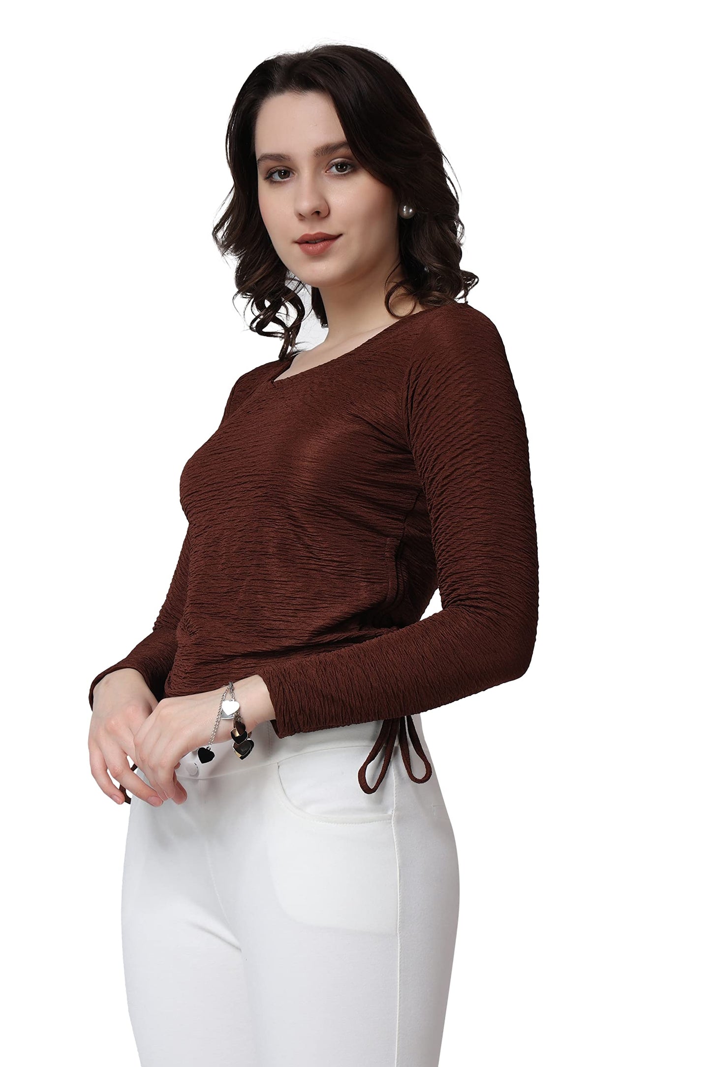 POPWINGS Casual Self Design Regular Fit Polyester Full Sleeves Crop Tops for Women with Crush String Brown